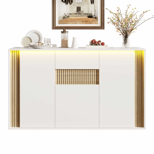 Aparador 140 x 40 x 82 cm - 3 portas, 1 gaveta com iluminação LED ajustável - Branco com veios de madeira natural Aparador 140 x 40 x 82 cm - 3 portas, 1 gaveta com iluminação LED ajustável - Branco com veios de madeira natural