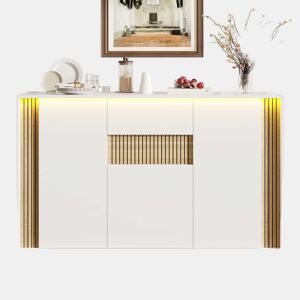 Aparador 140 x 40 x 82 cm - 3 portas, 1 gaveta com iluminação LED ajustável - Branco com veios de madeira natural