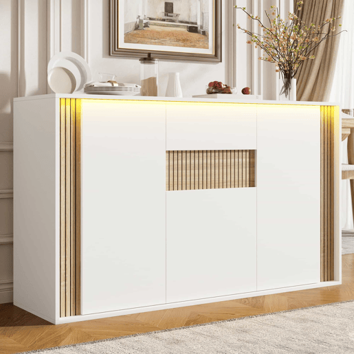 Aparador 140 x 40 x 82 cm - 3 portas, 1 gaveta com iluminação LED ajustável - Branco com veios de madeira natural Aparador 140 x 40 x 82 cm - 3 portas, 1 gaveta com iluminação LED ajustável - Branco com veios de madeira natural