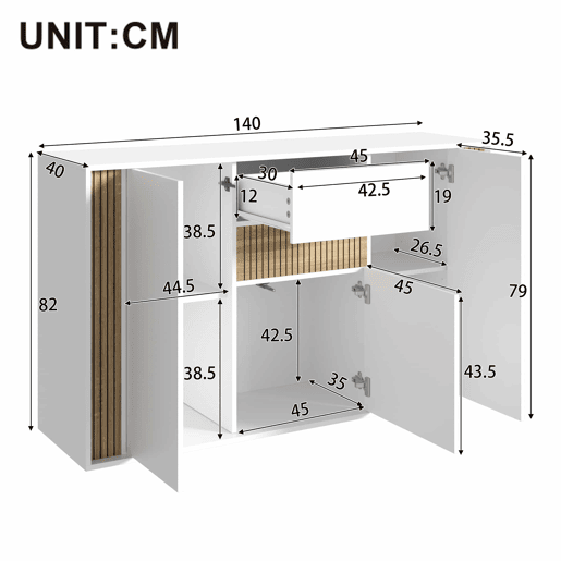 Aparador 140 x 40 x 82 cm - 3 portas, 1 gaveta com iluminação LED ajustável - Branco com veios de madeira natural Aparador 140 x 40 x 82 cm - 3 portas, 1 gaveta com iluminação LED ajustável - Branco com veios de madeira natural