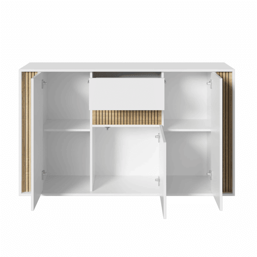 Aparador 140 x 40 x 82 cm - 3 portas, 1 gaveta com iluminação LED ajustável - Branco com veios de madeira natural Aparador 140 x 40 x 82 cm - 3 portas, 1 gaveta com iluminação LED ajustável - Branco com veios de madeira natural