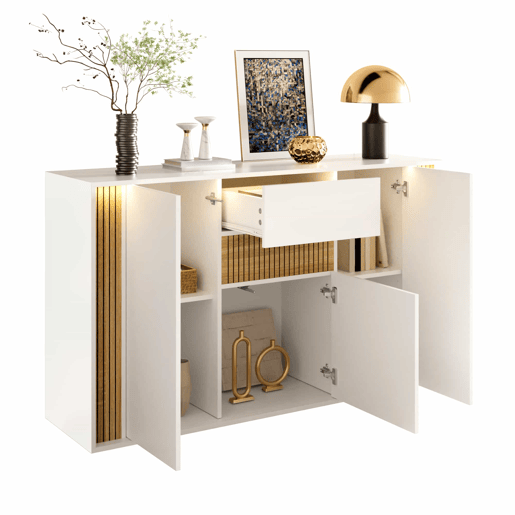 Aparador 140 x 40 x 82 cm - 3 portas, 1 gaveta com iluminação LED ajustável - Branco com veios de madeira natural Aparador 140 x 40 x 82 cm - 3 portas, 1 gaveta com iluminação LED ajustável - Branco com veios de madeira natural