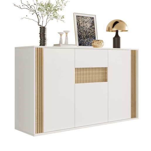 Aparador 140 x 40 x 82 cm - 3 portas, 1 gaveta com iluminação LED ajustável - Branco com veios de madeira natural Aparador 140 x 40 x 82 cm - 3 portas, 1 gaveta com iluminação LED ajustável - Branco com veios de madeira natural