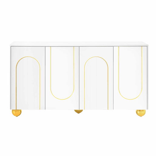 Aparador de 140 cm com 4 portas u2013 decoração com linhas douradas curvas e pés metálicos esféricos u2013 Branco Aparador de 140 cm com 4 portas u2013 decoração com linhas douradas curvas e pés metálicos esféricos u2013 Branco