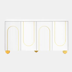 Aparador de 140 cm com 4 portas u2013 decoração com linhas douradas curvas e pés metálicos esféricos u2013 Branco