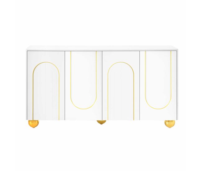 Aparador 140 cm 4 puertas - decoración con líneas doradas curvas y patas metálicas esféricas - blanco