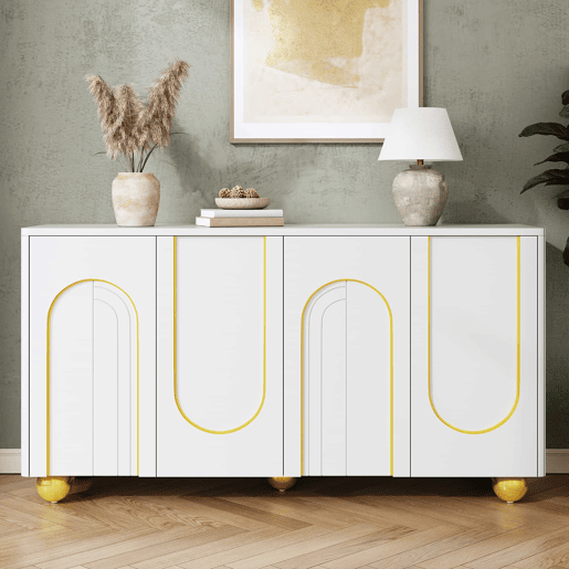 Aparador de 140 cm com 4 portas u2013 decoração com linhas douradas curvas e pés metálicos esféricos u2013 Branco Aparador de 140 cm com 4 portas u2013 decoração com linhas douradas curvas e pés metálicos esféricos u2013 Branco