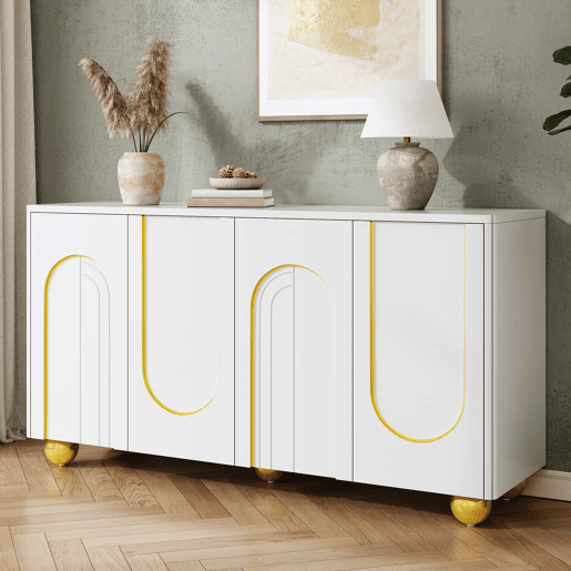 Aparador de 140 cm com 4 portas u2013 decoração com linhas douradas curvas e pés metálicos esféricos u2013 Branco Aparador de 140 cm com 4 portas u2013 decoração com linhas douradas curvas e pés metálicos esféricos u2013 Branco