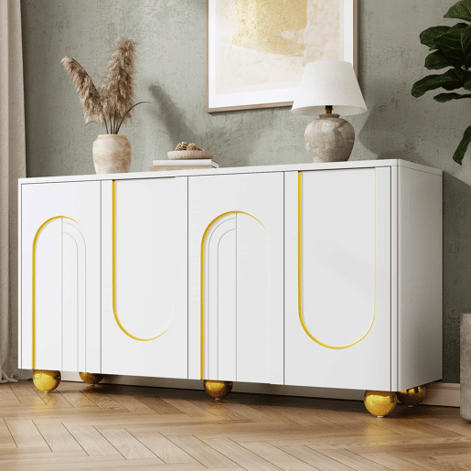 Aparador de 140 cm com 4 portas u2013 decoração com linhas douradas curvas e pés metálicos esféricos u2013 Branco Aparador de 140 cm com 4 portas u2013 decoração com linhas douradas curvas e pés metálicos esféricos u2013 Branco