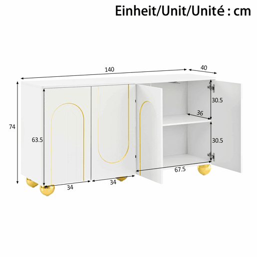 Aparador de 140 cm com 4 portas u2013 decoração com linhas douradas curvas e pés metálicos esféricos u2013 Branco Aparador de 140 cm com 4 portas u2013 decoração com linhas douradas curvas e pés metálicos esféricos u2013 Branco