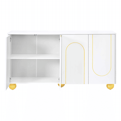 Aparador de 140 cm com 4 portas u2013 decoração com linhas douradas curvas e pés metálicos esféricos u2013 Branco Aparador de 140 cm com 4 portas u2013 decoração com linhas douradas curvas e pés metálicos esféricos u2013 Branco