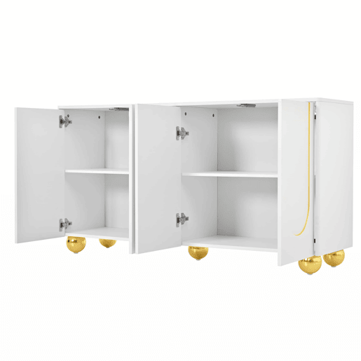 Aparador de 140 cm com 4 portas u2013 decoração com linhas douradas curvas e pés metálicos esféricos u2013 Branco Aparador de 140 cm com 4 portas u2013 decoração com linhas douradas curvas e pés metálicos esféricos u2013 Branco