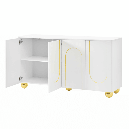 Aparador de 140 cm com 4 portas u2013 decoração com linhas douradas curvas e pés metálicos esféricos u2013 Branco Aparador de 140 cm com 4 portas u2013 decoração com linhas douradas curvas e pés metálicos esféricos u2013 Branco
