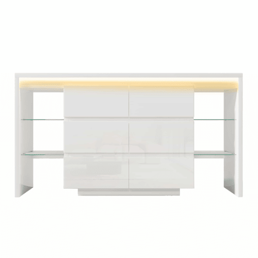 Aparador 155 x 40 x 80 cm u2013 com iluminação LED inteligente controlável por app, 6 gavetas e 4 prateleiras de vidro u2013 Branco Aparador 155 x 40 x 80 cm u2013 com iluminação LED inteligente controlável por app, 6 gavetas e 4 prateleiras de vidro u2013 Branco