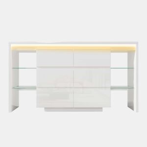 Aparador 155 x 40 x 80 cm u2013 com iluminação LED inteligente controlável por app, 6 gavetas e 4 prateleiras de vidro u2013 Branco