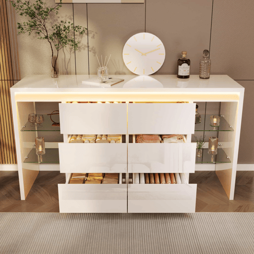 Aparador 155 x 40 x 80 cm u2013 com iluminação LED inteligente controlável por app, 6 gavetas e 4 prateleiras de vidro u2013 Branco Aparador 155 x 40 x 80 cm u2013 com iluminação LED inteligente controlável por app, 6 gavetas e 4 prateleiras de vidro u2013 Branco