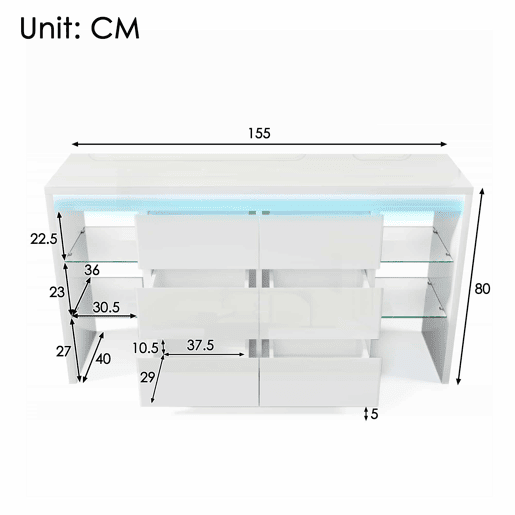Aparador 155 x 40 x 80 cm u2013 com iluminação LED inteligente controlável por app, 6 gavetas e 4 prateleiras de vidro u2013 Branco Aparador 155 x 40 x 80 cm u2013 com iluminação LED inteligente controlável por app, 6 gavetas e 4 prateleiras de vidro u2013 Branco
