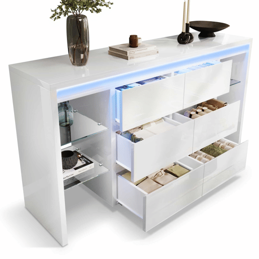 Aparador 155 x 40 x 80 cm u2013 com iluminação LED inteligente controlável por app, 6 gavetas e 4 prateleiras de vidro u2013 Branco Aparador 155 x 40 x 80 cm u2013 com iluminação LED inteligente controlável por app, 6 gavetas e 4 prateleiras de vidro u2013 Branco