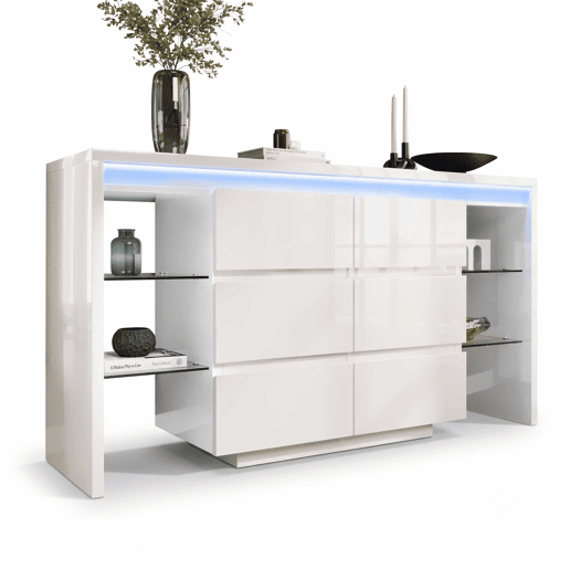 Aparador 155 x 40 x 80 cm u2013 com iluminação LED inteligente controlável por app, 6 gavetas e 4 prateleiras de vidro u2013 Branco Aparador 155 x 40 x 80 cm u2013 com iluminação LED inteligente controlável por app, 6 gavetas e 4 prateleiras de vidro u2013 Branco
