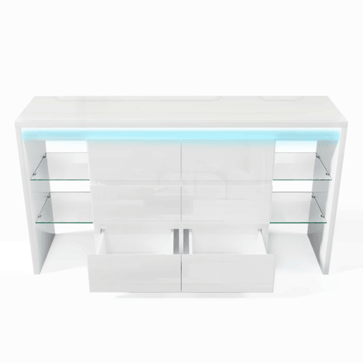 Aparador 155 x 40 x 80 cm u2013 com iluminação LED inteligente controlável por app, 6 gavetas e 4 prateleiras de vidro u2013 Branco Aparador 155 x 40 x 80 cm u2013 com iluminação LED inteligente controlável por app, 6 gavetas e 4 prateleiras de vidro u2013 Branco