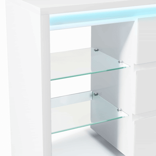 Aparador 155 x 40 x 80 cm u2013 com iluminação LED inteligente controlável por app, 6 gavetas e 4 prateleiras de vidro u2013 Branco Aparador 155 x 40 x 80 cm u2013 com iluminação LED inteligente controlável por app, 6 gavetas e 4 prateleiras de vidro u2013 Branco