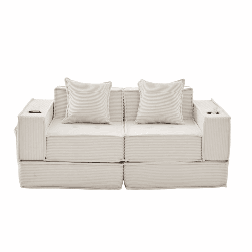 Sofá-cama de dois lugares u2013 sofá moderno em tecido com almofadas, pufe com espaço de arrumação e suportes para bebidas u2013 Bege Sofá-cama de dois lugares u2013 sofá moderno em tecido com almofadas, pufe com espaço de arrumação e suportes para bebidas u2013 Bege