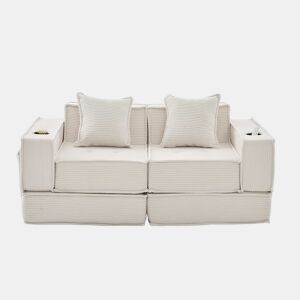 Sofá-cama de dois lugares u2013 sofá moderno em tecido com almofadas, pufe com espaço de arrumação e suportes para bebidas u2013 Bege