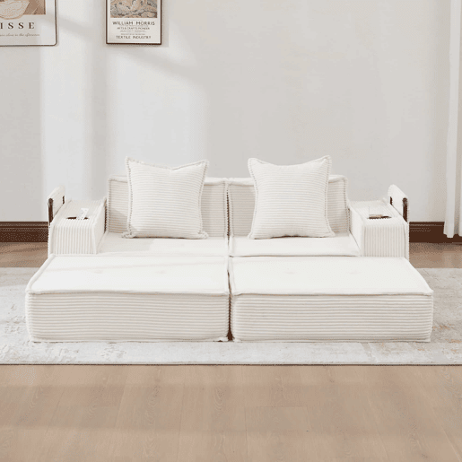 Sofá-cama de dois lugares u2013 sofá moderno em tecido com almofadas, pufe com espaço de arrumação e suportes para bebidas u2013 Bege Sofá-cama de dois lugares u2013 sofá moderno em tecido com almofadas, pufe com espaço de arrumação e suportes para bebidas u2013 Bege