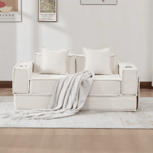 Sofá-cama de dois lugares u2013 sofá moderno em tecido com almofadas, pufe com espaço de arrumação e suportes para bebidas u2013 Bege Sofá-cama de dois lugares u2013 sofá moderno em tecido com almofadas, pufe com espaço de arrumação e suportes para bebidas u2013 Bege