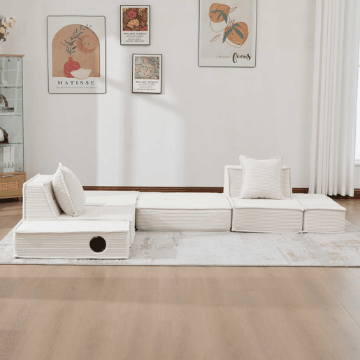 Sofá-cama de dois lugares u2013 sofá moderno em tecido com almofadas, pufe com espaço de arrumação e suportes para bebidas u2013 Bege Sofá-cama de dois lugares u2013 sofá moderno em tecido com almofadas, pufe com espaço de arrumação e suportes para bebidas u2013 Bege