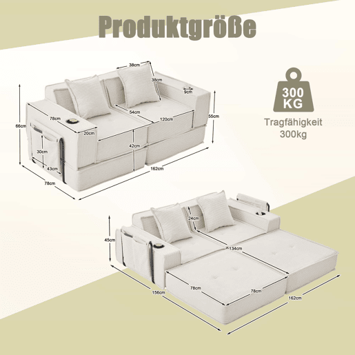 Sofá-cama de dois lugares u2013 sofá moderno em tecido com almofadas, pufe com espaço de arrumação e suportes para bebidas u2013 Bege Sofá-cama de dois lugares u2013 sofá moderno em tecido com almofadas, pufe com espaço de arrumação e suportes para bebidas u2013 Bege