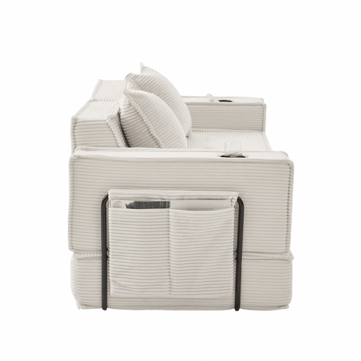 Sofá-cama de dois lugares u2013 sofá moderno em tecido com almofadas, pufe com espaço de arrumação e suportes para bebidas u2013 Bege Sofá-cama de dois lugares u2013 sofá moderno em tecido com almofadas, pufe com espaço de arrumação e suportes para bebidas u2013 Bege