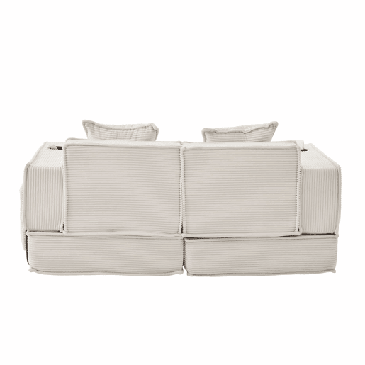 Sofá-cama de dois lugares u2013 sofá moderno em tecido com almofadas, pufe com espaço de arrumação e suportes para bebidas u2013 Bege Sofá-cama de dois lugares u2013 sofá moderno em tecido com almofadas, pufe com espaço de arrumação e suportes para bebidas u2013 Bege
