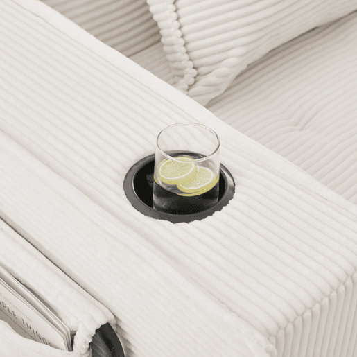 Sofá-cama de dois lugares u2013 sofá moderno em tecido com almofadas, pufe com espaço de arrumação e suportes para bebidas u2013 Bege Sofá-cama de dois lugares u2013 sofá moderno em tecido com almofadas, pufe com espaço de arrumação e suportes para bebidas u2013 Bege