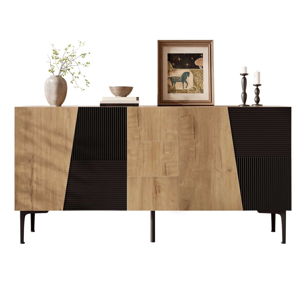 Aparador 160x40x80 cm - 4 puertas y 3 cajones, patas de hierro, gran capacidad de almacenamiento - madera natural/negro