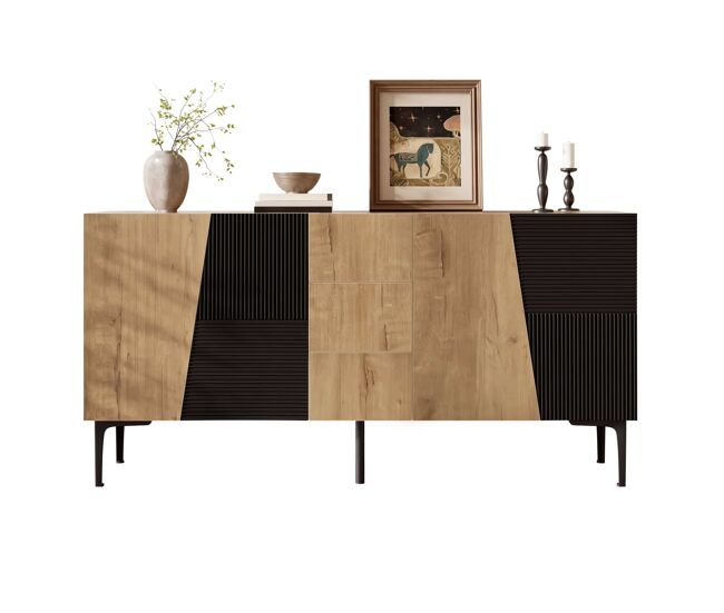 Aparador 160x40x80 cm - 4 puertas y 3 cajones, patas de hierro, gran capacidad de almacenamiento - madera natural/negro