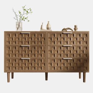 Aparador 120x37x77 cm - design «chocolate waffle» com 6 gavetas e puxadores metálicos ao estilo Mid-Century - Carvalho