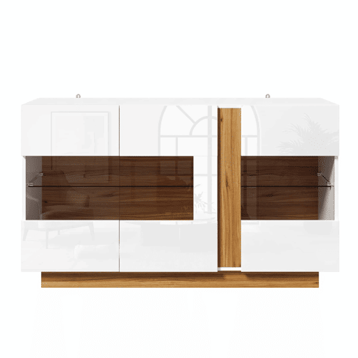 Aparador 120 x 38 x 80 cm - 3 portas em acrílico, 2 compartimentos e iluminação LED regulável - Branco e Natural Aparador 120 x 38 x 80 cm - 3 portas em acrílico, 2 compartimentos e iluminação LED regulável - Branco e Natural