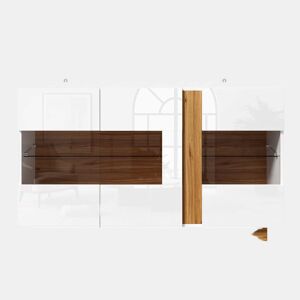 Aparador 120 x 38 x 80 cm - 3 portas em acrílico, 2 compartimentos e iluminação LED regulável - Branco e Natural