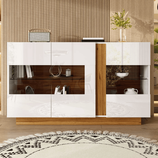 Aparador 120 x 38 x 80 cm - 3 portas em acrílico, 2 compartimentos e iluminação LED regulável - Branco e Natural Aparador 120 x 38 x 80 cm - 3 portas em acrílico, 2 compartimentos e iluminação LED regulável - Branco e Natural