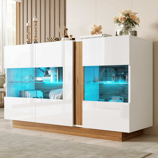 Aparador 120 x 38 x 80 cm - 3 portas em acrílico, 2 compartimentos e iluminação LED regulável - Branco e Natural Aparador 120 x 38 x 80 cm - 3 portas em acrílico, 2 compartimentos e iluminação LED regulável - Branco e Natural