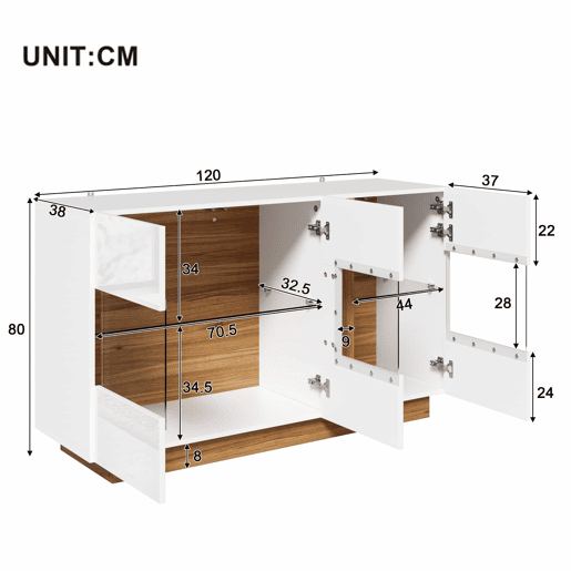 Aparador 120 x 38 x 80 cm - 3 portas em acrílico, 2 compartimentos e iluminação LED regulável - Branco e Natural Aparador 120 x 38 x 80 cm - 3 portas em acrílico, 2 compartimentos e iluminação LED regulável - Branco e Natural