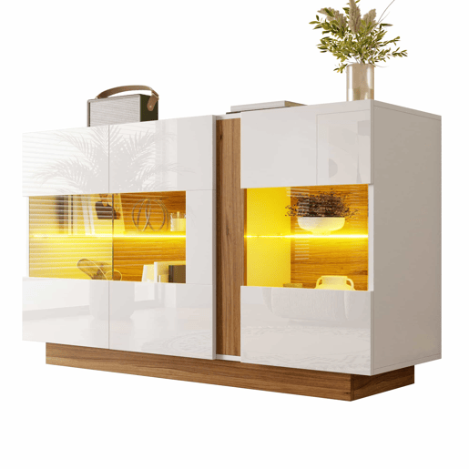 Aparador 120 x 38 x 80 cm - 3 portas em acrílico, 2 compartimentos e iluminação LED regulável - Branco e Natural Aparador 120 x 38 x 80 cm - 3 portas em acrílico, 2 compartimentos e iluminação LED regulável - Branco e Natural