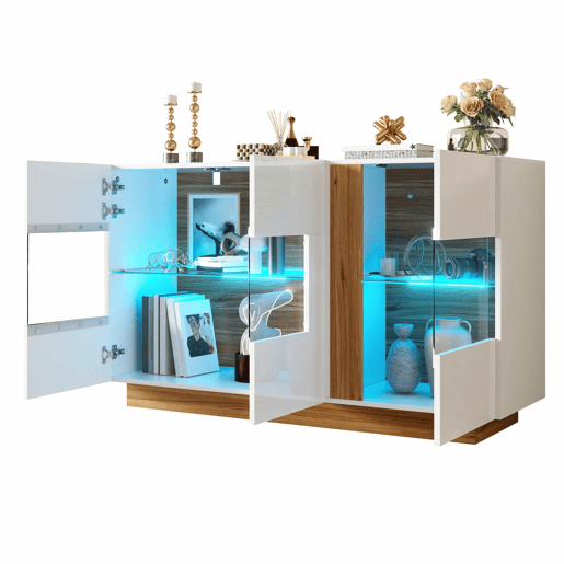 Aparador 120 x 38 x 80 cm - 3 portas em acrílico, 2 compartimentos e iluminação LED regulável - Branco e Natural Aparador 120 x 38 x 80 cm - 3 portas em acrílico, 2 compartimentos e iluminação LED regulável - Branco e Natural