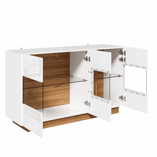 Aparador 120 x 38 x 80 cm - 3 portas em acrílico, 2 compartimentos e iluminação LED regulável - Branco e Natural Aparador 120 x 38 x 80 cm - 3 portas em acrílico, 2 compartimentos e iluminação LED regulável - Branco e Natural