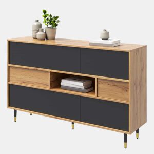 Aparador de 140 cm - 2 gavetas, portas basculantes, prateleira aberta multifuncional - Preto e madeira