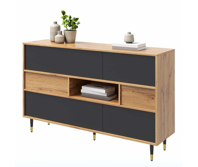 Aparador 140 cm - 2 cajones, puertas abatibles, estante abierto multifuncional - negro y madera