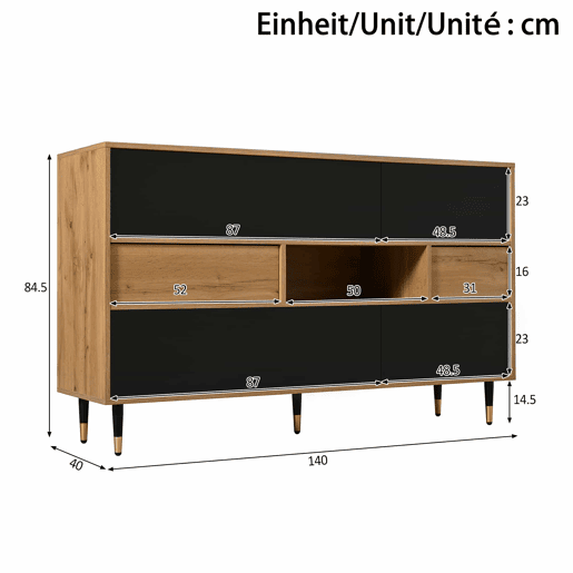 Aparador de 140 cm - 2 gavetas, portas basculantes, prateleira aberta multifuncional - Preto e madeira Aparador de 140 cm - 2 gavetas, portas basculantes, prateleira aberta multifuncional - Preto e madeira