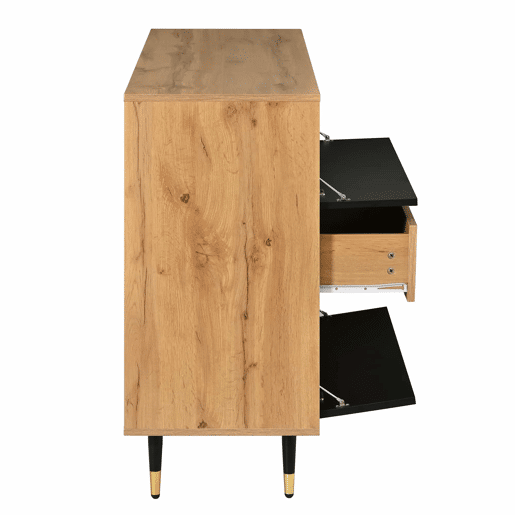 Aparador de 140 cm - 2 gavetas, portas basculantes, prateleira aberta multifuncional - Preto e madeira Aparador de 140 cm - 2 gavetas, portas basculantes, prateleira aberta multifuncional - Preto e madeira