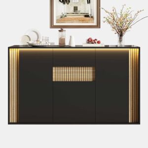 Aparador 140×40×82 cm - 3 portas, 1 gaveta e iluminação LED regulável - Preto e madeira natural